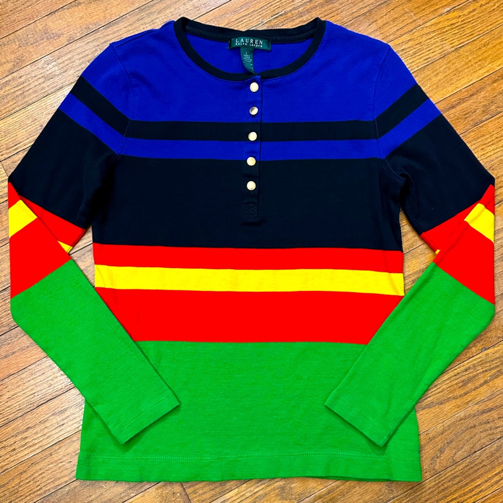 90s Lauren Ralph Lauren Size L Y2K Long Sleeve Henley 3/4 Button L/S T Shirt